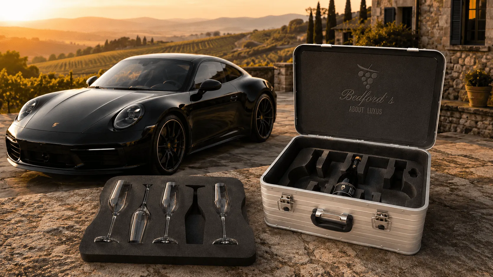 Sportwagen und geöffnetes Luxus Traveller Case mit Inlay auf einer Terrasse